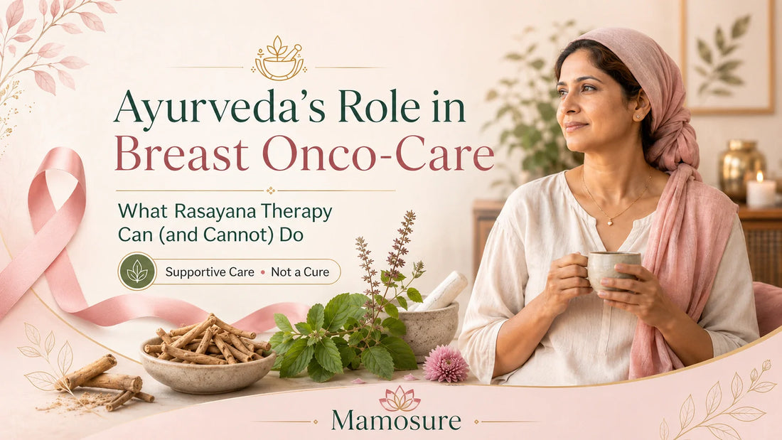 Rasayana herbs used for breast cancer supportive care in Ayurveda”; “Woman practicing gentle yoga during breast cancer treatment”; “Ashwagandha root, studied for cancer-related fatigue