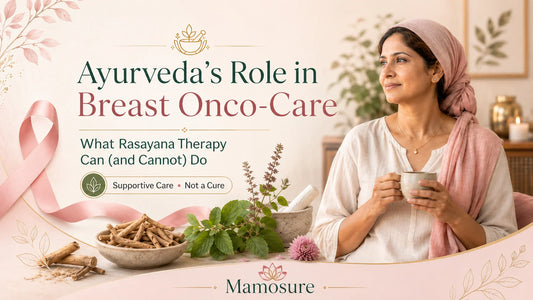 Rasayana herbs used for breast cancer supportive care in Ayurveda”; “Woman practicing gentle yoga during breast cancer treatment”; “Ashwagandha root, studied for cancer-related fatigue