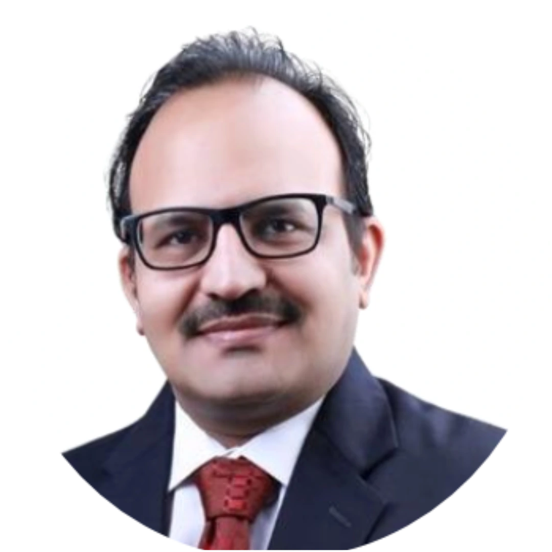 Man wearing glasses and a suit with a red tie on a white background