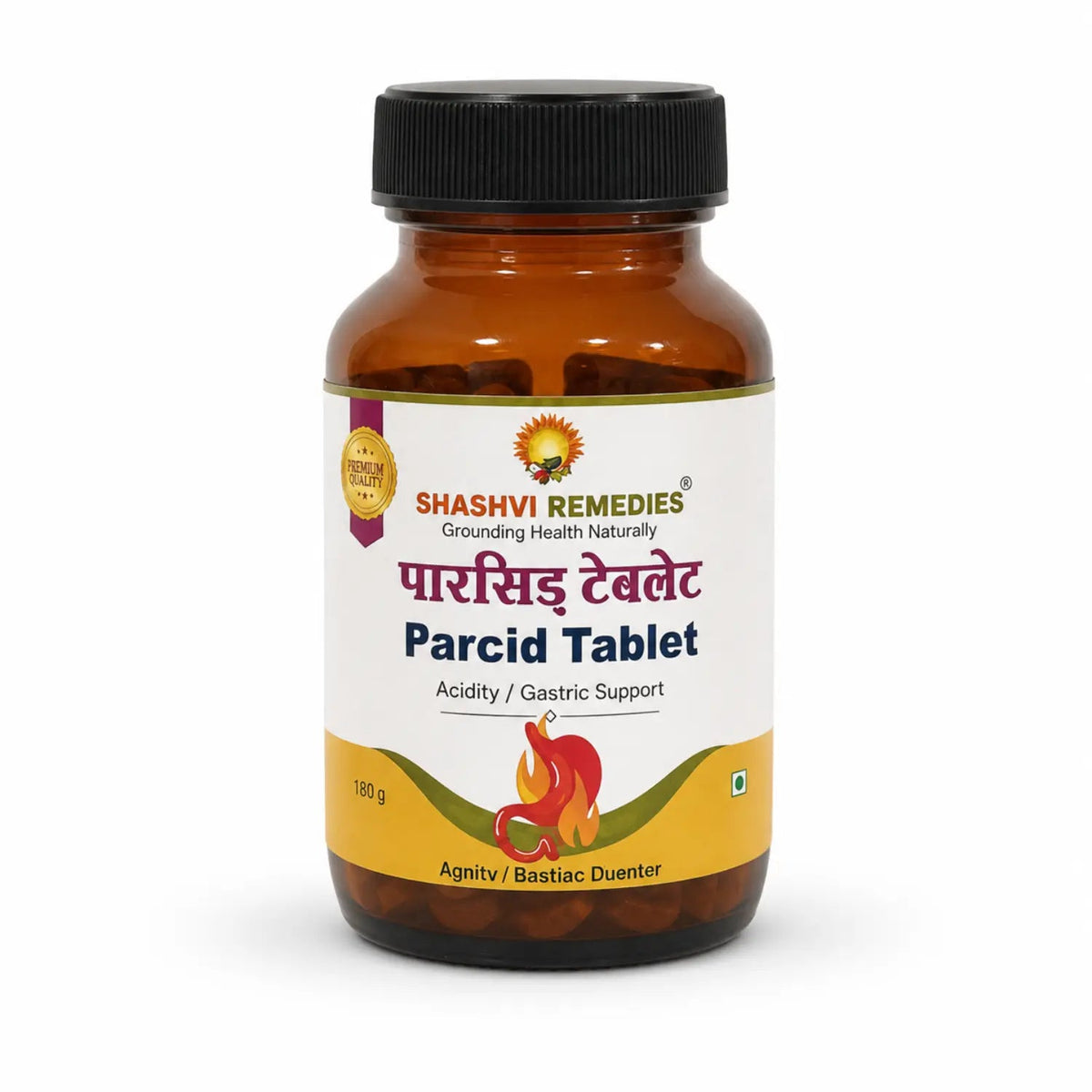 Shashvi Parcid Tablet bottle, Ayurvedic acidity and gastric support for digestion, gas and bloating relief