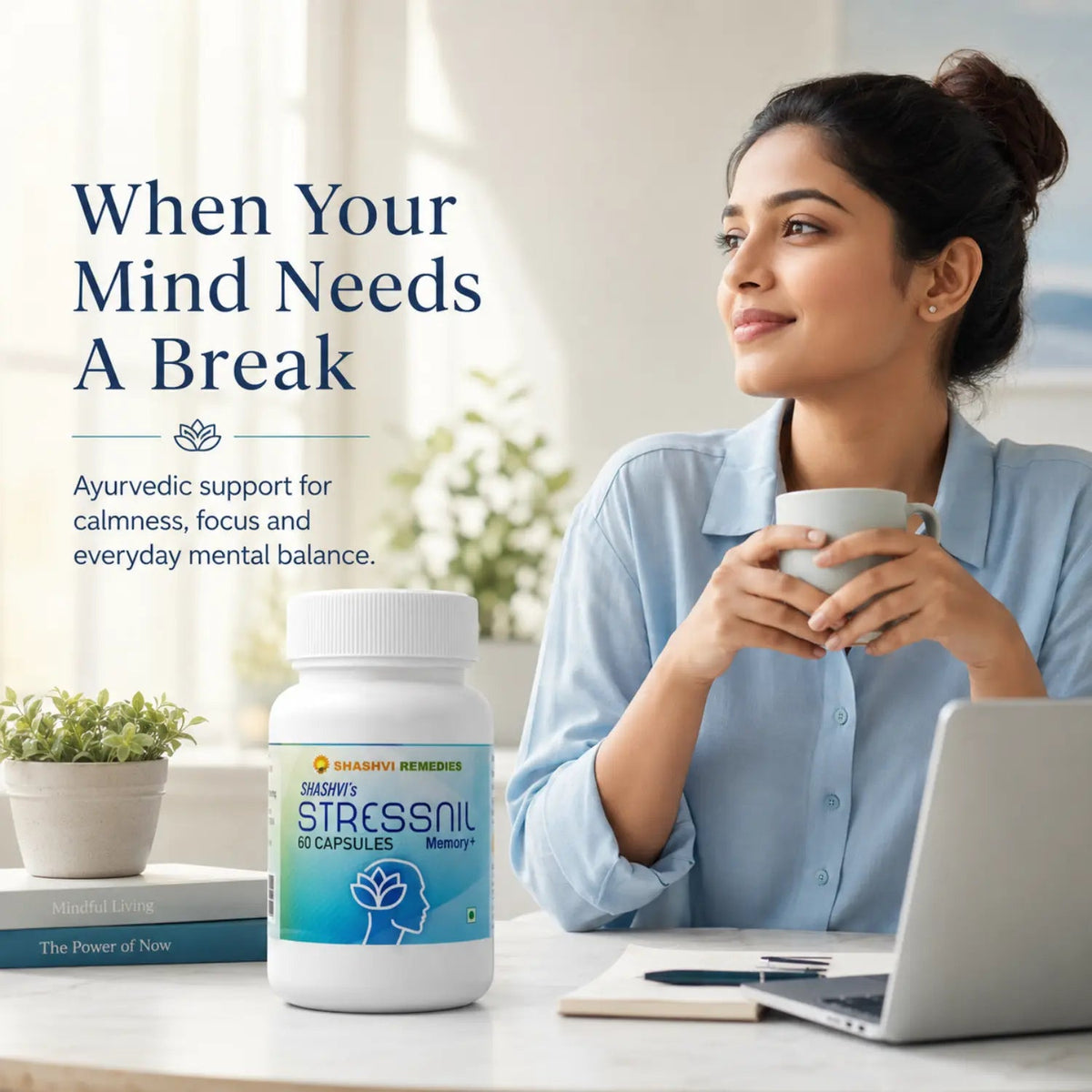 Shashvi's Stressnil Memory+ Ayurvedic capsules bottle, 60 capsules, for calmness, focus and memory support