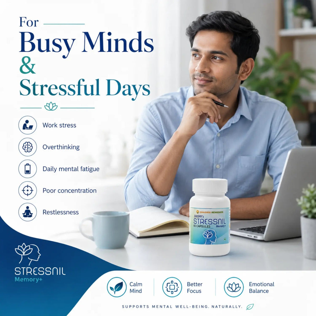 Professional taking a calm moment during a busy work day with Stressnil Memory+ nearby